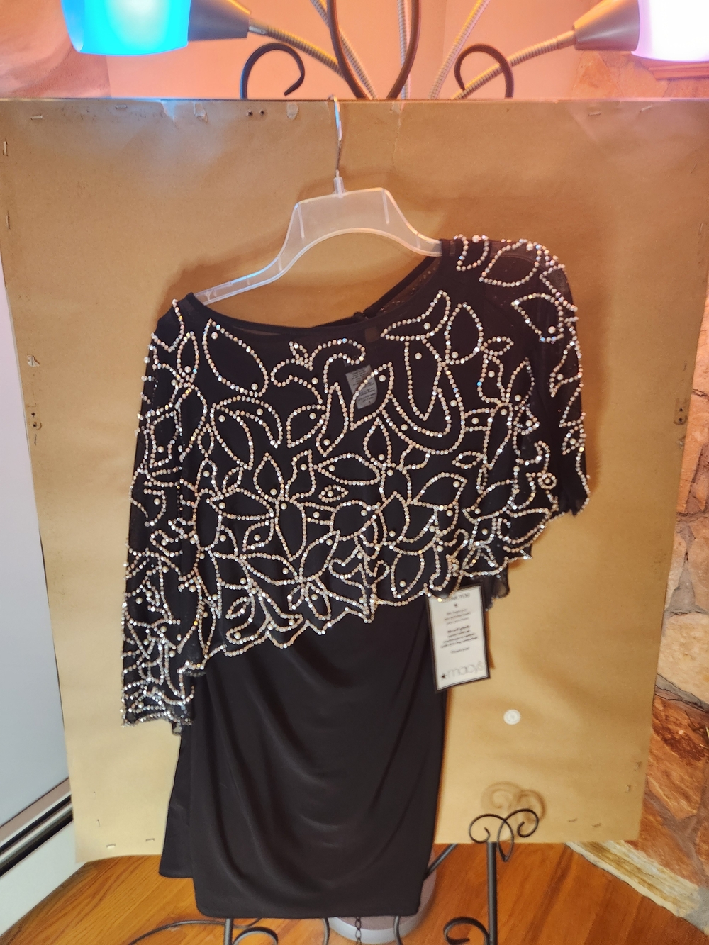 Size Small NWT MSK Elegant Black Beaded One Shoulder Overlay Women's Dress
